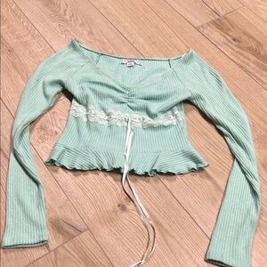 Kimchi Blue Mint Green Ribbed Lace-Trim Crop Top